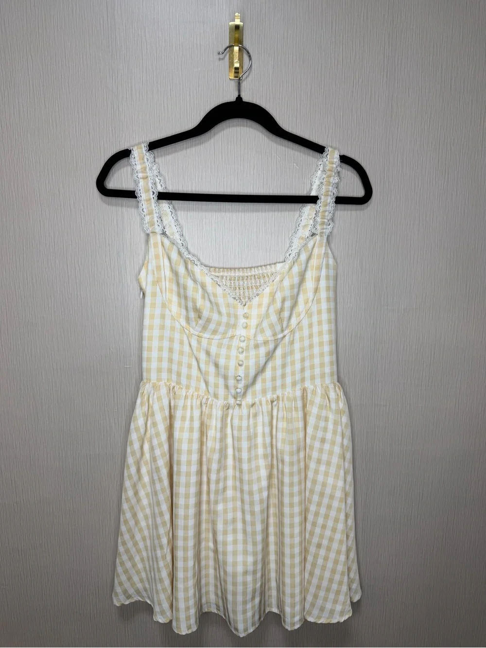 Yellow Gingham Mini Dress M Smocked Back Cottagecore Coquette Babydoll Summer